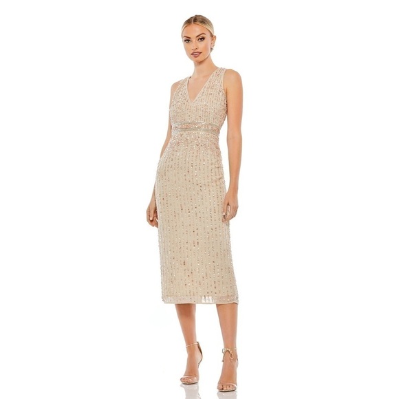 Mac Duggal 93606 Nude Sequined Sleeveless V Neck Midi Sheath Dress Size 8 NWT! - Picture 1 of 14